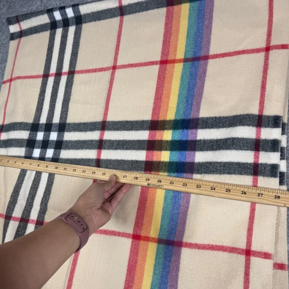 Pashmina 100% Cashmere Cream Plaid Rainbow Scarf One Size Fall Winter Cozy Chic